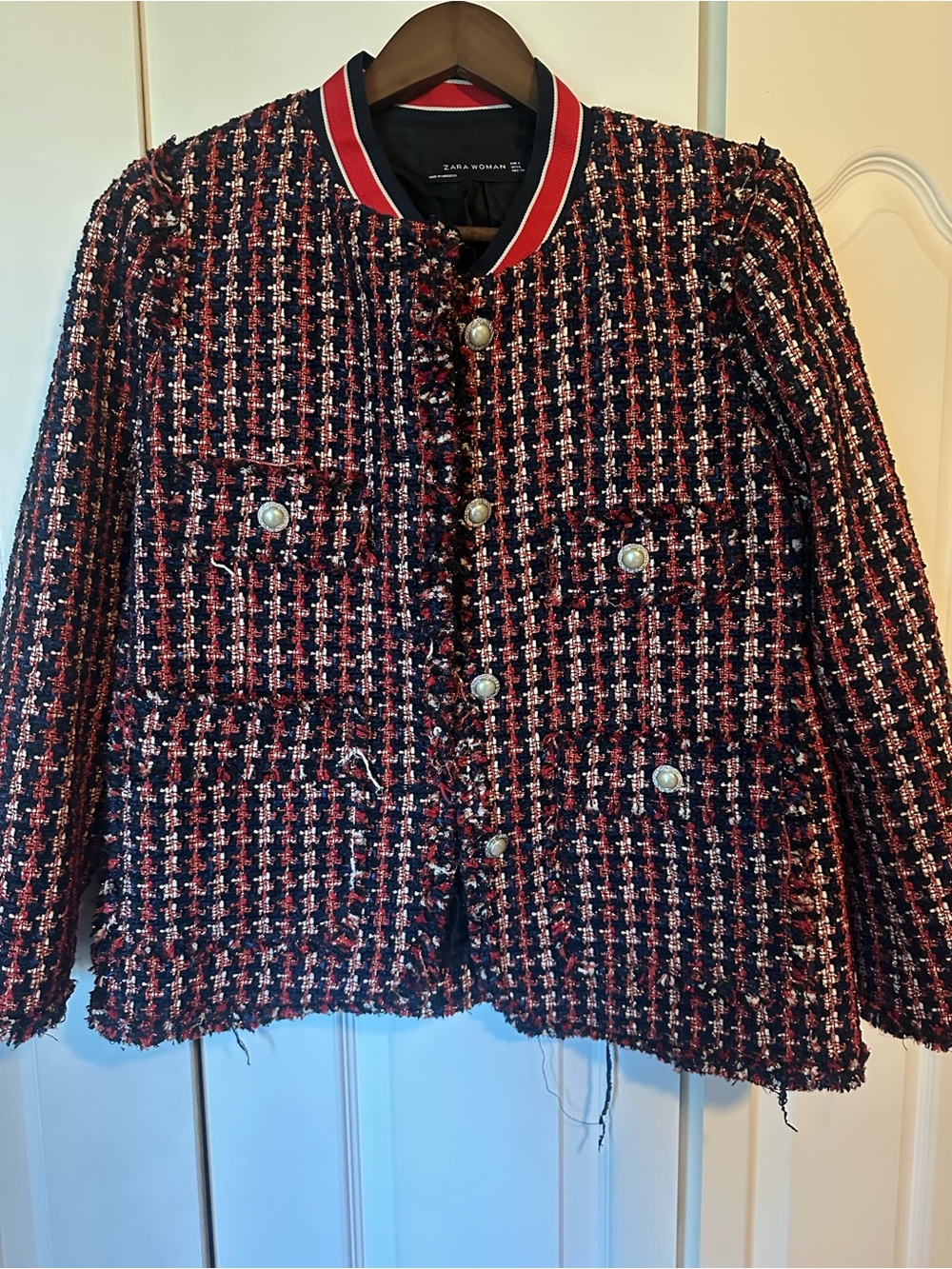 Zara Woman Red & Black Tweed Bomber Jacket with Pearl Buttons